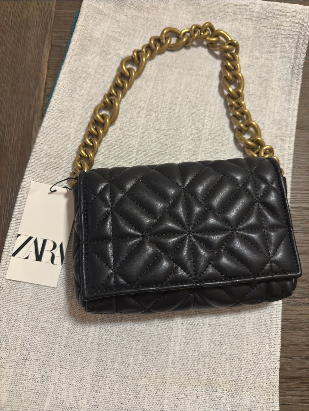 ZARA Black Quilted Shoulder Bag with Gold Chain Strap